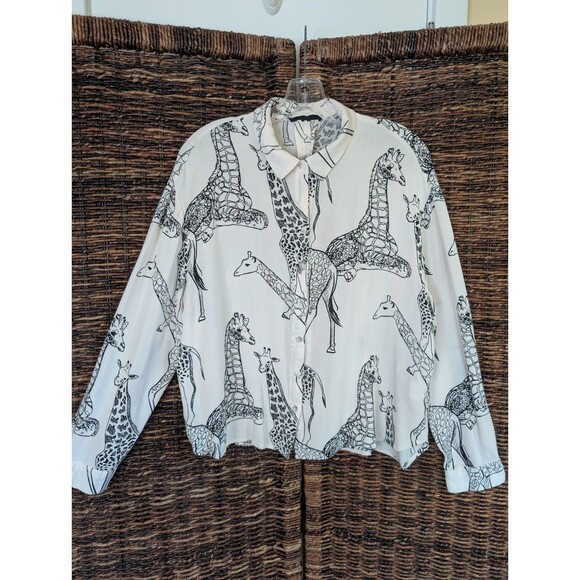 Jane & Delancey Giraffe Print Button Up Blouse Top Women's XL Cream Safari Boho - Picture 1 of 11